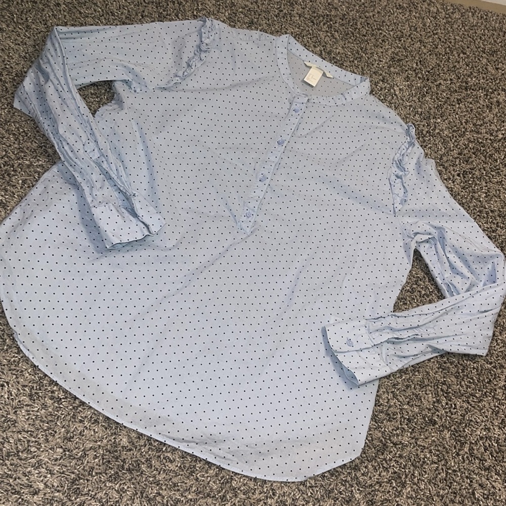 H&M womens cotton blouse size 14 Light Blue partial Button Down business casual